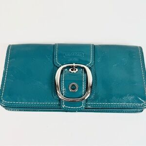 Coach Large Teal Patent Leather Buckle Organizer Wallet